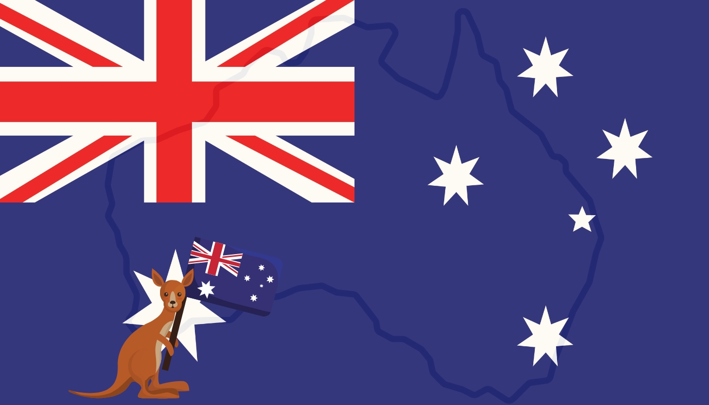 Illustration of the Australian flag with an outline of the country and a kangaroo holding a smaller Australian flag