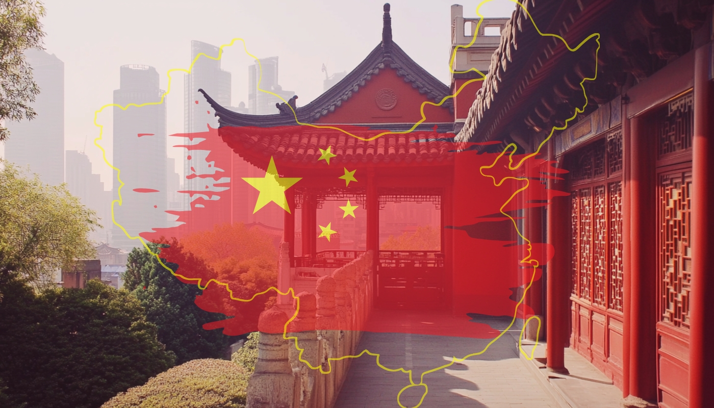 A traditional Chinese building with the outline of China and its flag overlayed, showcasing a blend of heritage and urban landscape