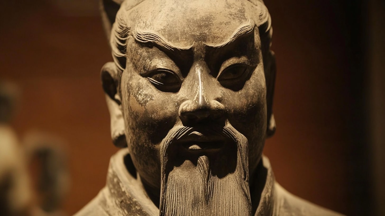 Close-up of an ancient Chinese statue with intricate facial features and a traditional beard