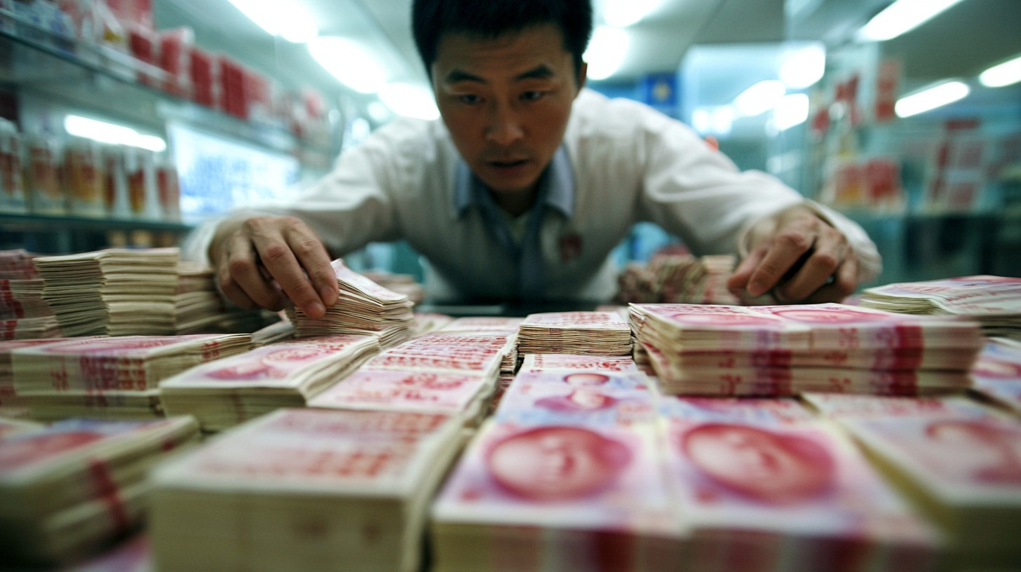 A man organizing stacks of Chinese yuan banknotes in a financial setting