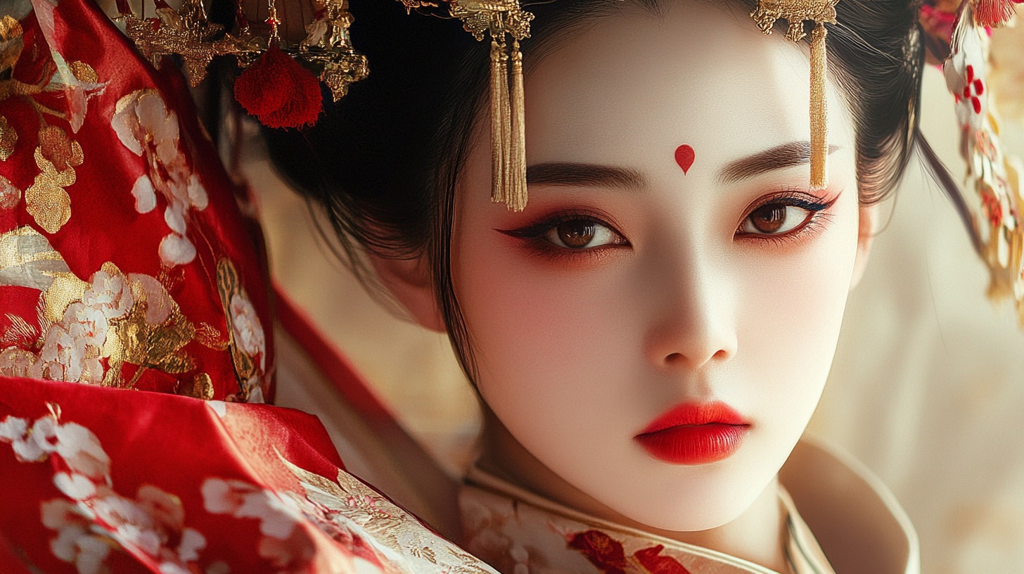 close-up of a woman in traditional Chinese attire with intricate ornaments, red and gold details, and a serene expression.