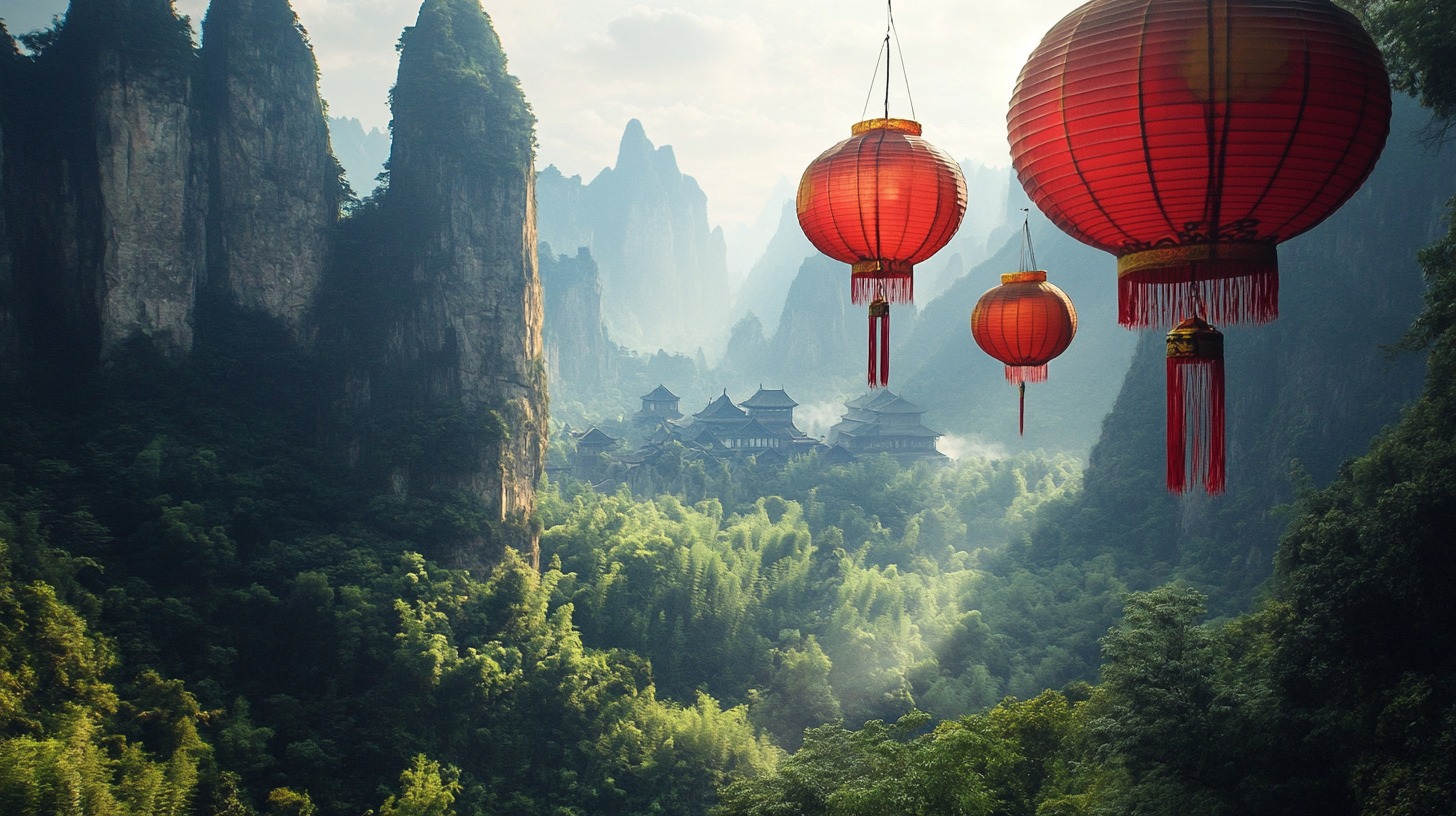 Red lanterns hanging in front of a lush green valley with traditional Chinese architecture and towering mountains in the background.