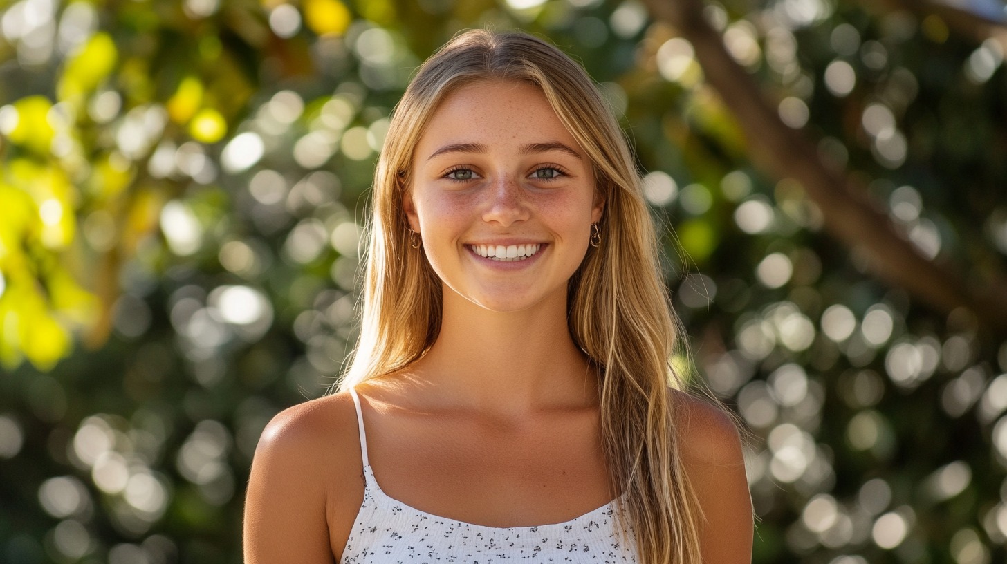 A young woman smiling warmly outdoors with a blurred natural background