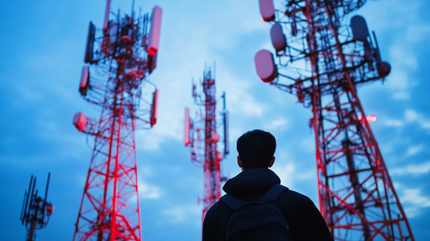 A person with a backpack standing in front of towering red-lit communication towers against a blue sky