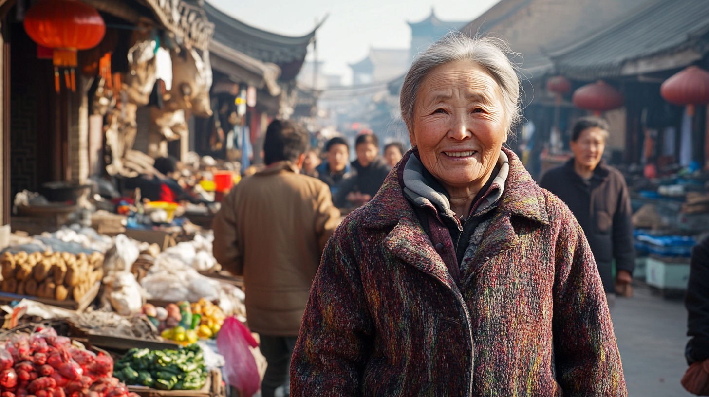 An elderly woman smiling warmly in a traditional Chinese market, surrounded by colorful vegetables, people, and lanterns