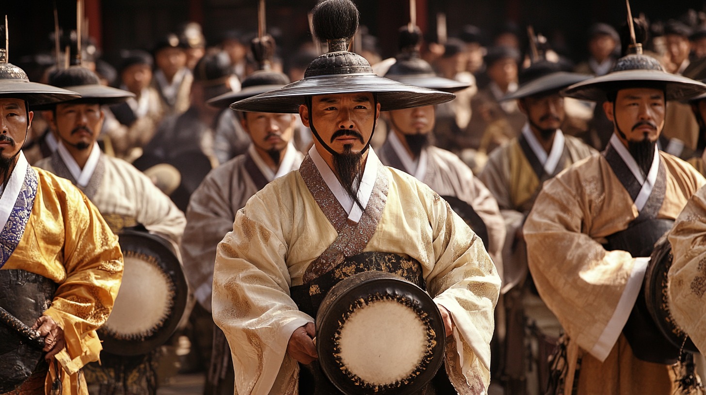 A group of traditionally dressed men in historic Korean attire, showcasing the cultural heritage of South Korea's early civilization