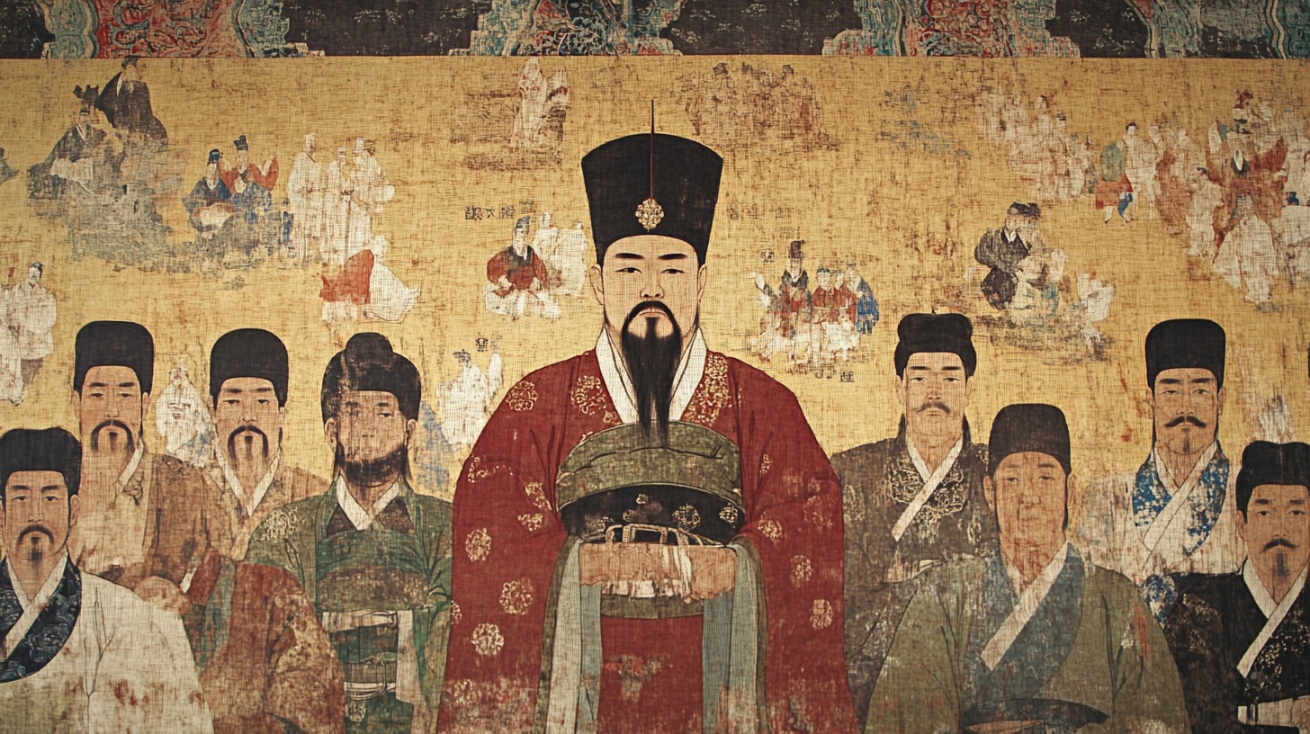 Historical artwork depicting figures in traditional Korean attire from the Goryeo and Joseon Dynasties, showcasing Korea's rich cultural heritage