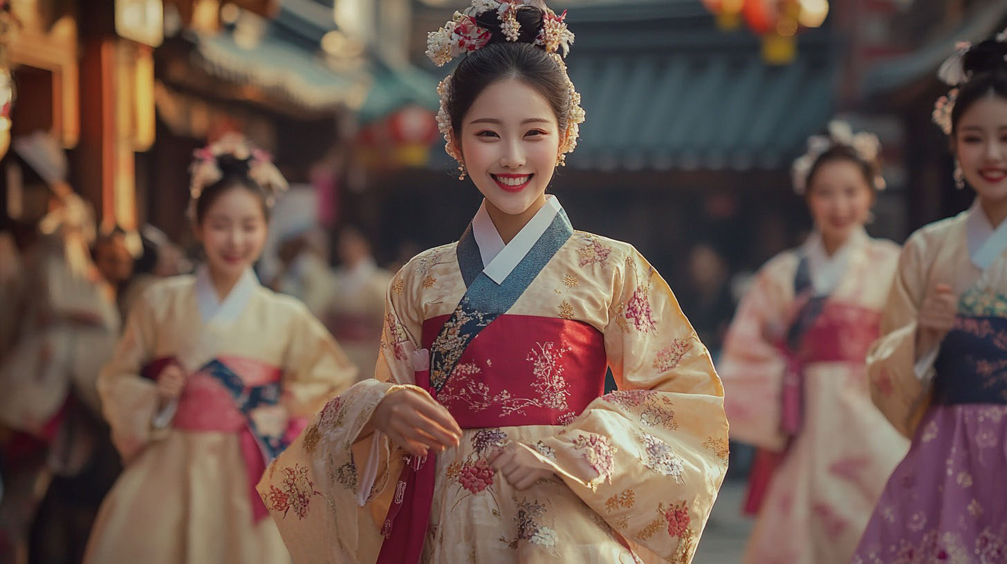 A smiling woman in traditional Korean Hanbok surrounded by others wearing similar attire, in a festive setting with a traditional Korean village backdrop