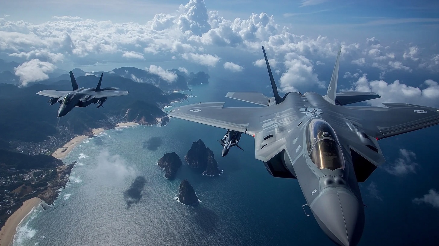 Two advanced fighter jets flying over a scenic coastal area, symbolizing South Korea's military capability and defense infrastructure