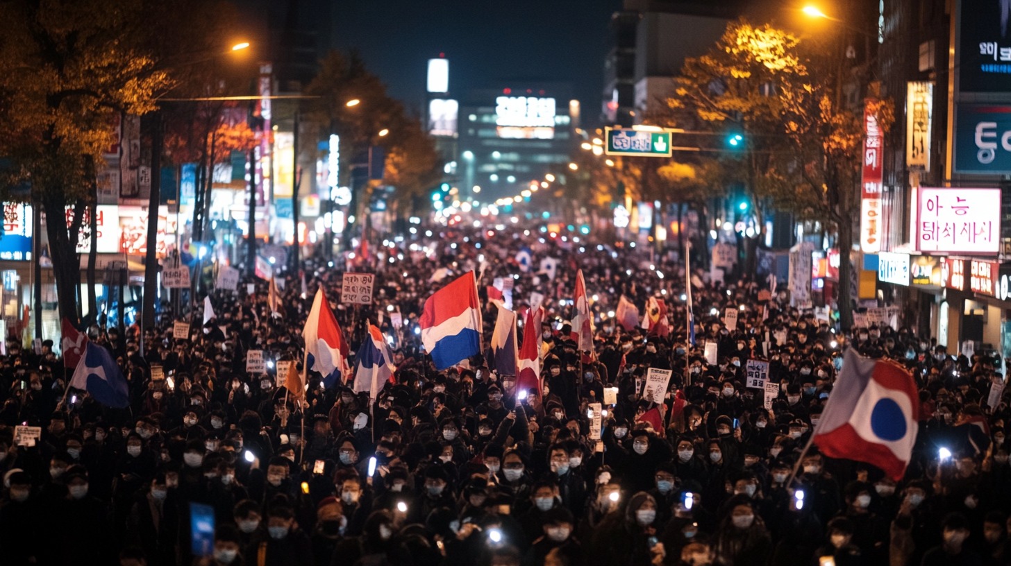 A large crowd of people participating in a night protest in South Korea, holding flags and signs, symbolizing political activism and the fight for democracy