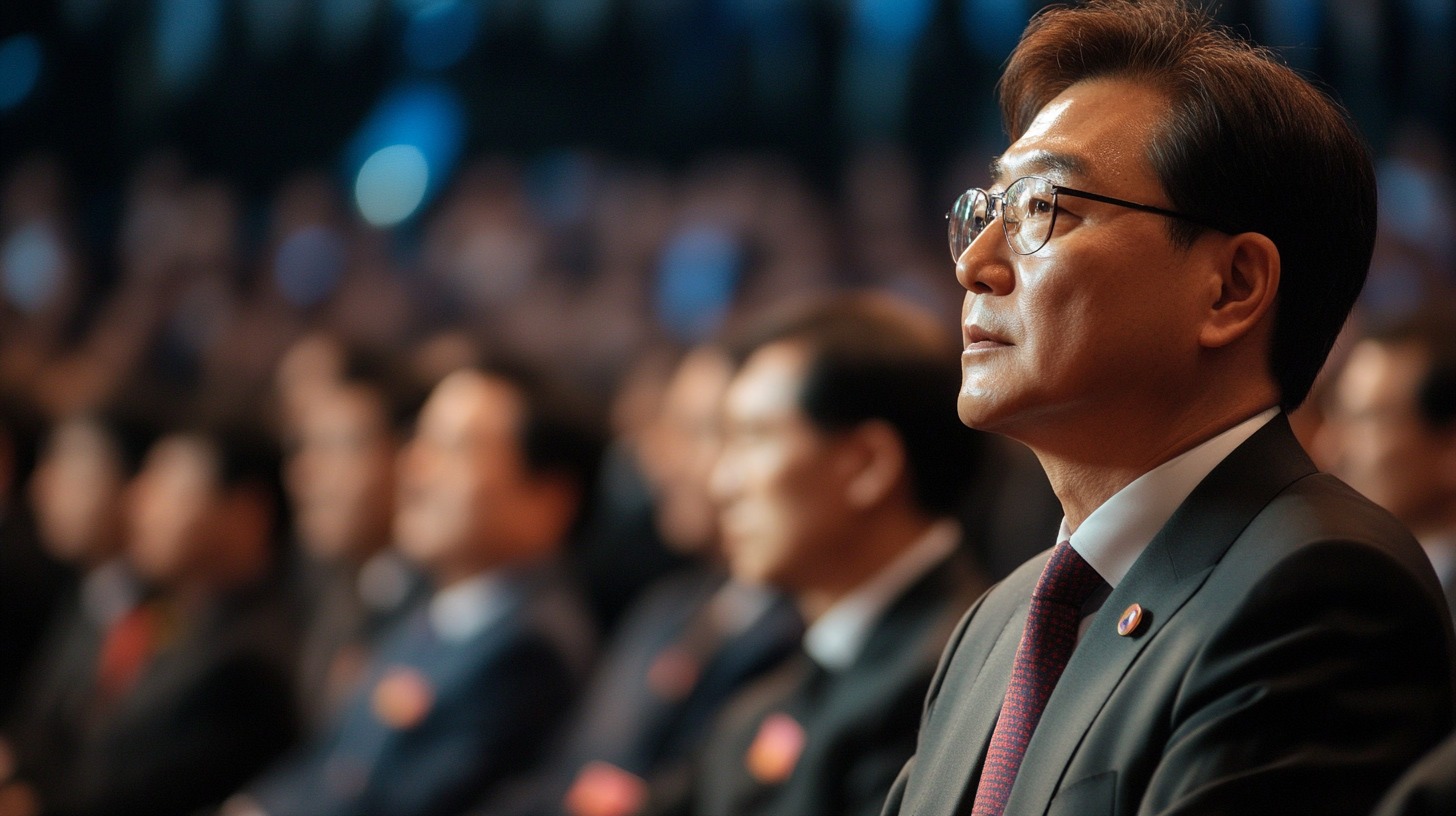 A South Korean politician in a formal setting, attentively listening, with an audience in the background, symbolizing political and international engagement